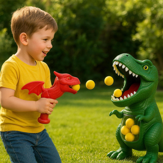Enfant qui joue avec le blaster dinosaure et sa cible
