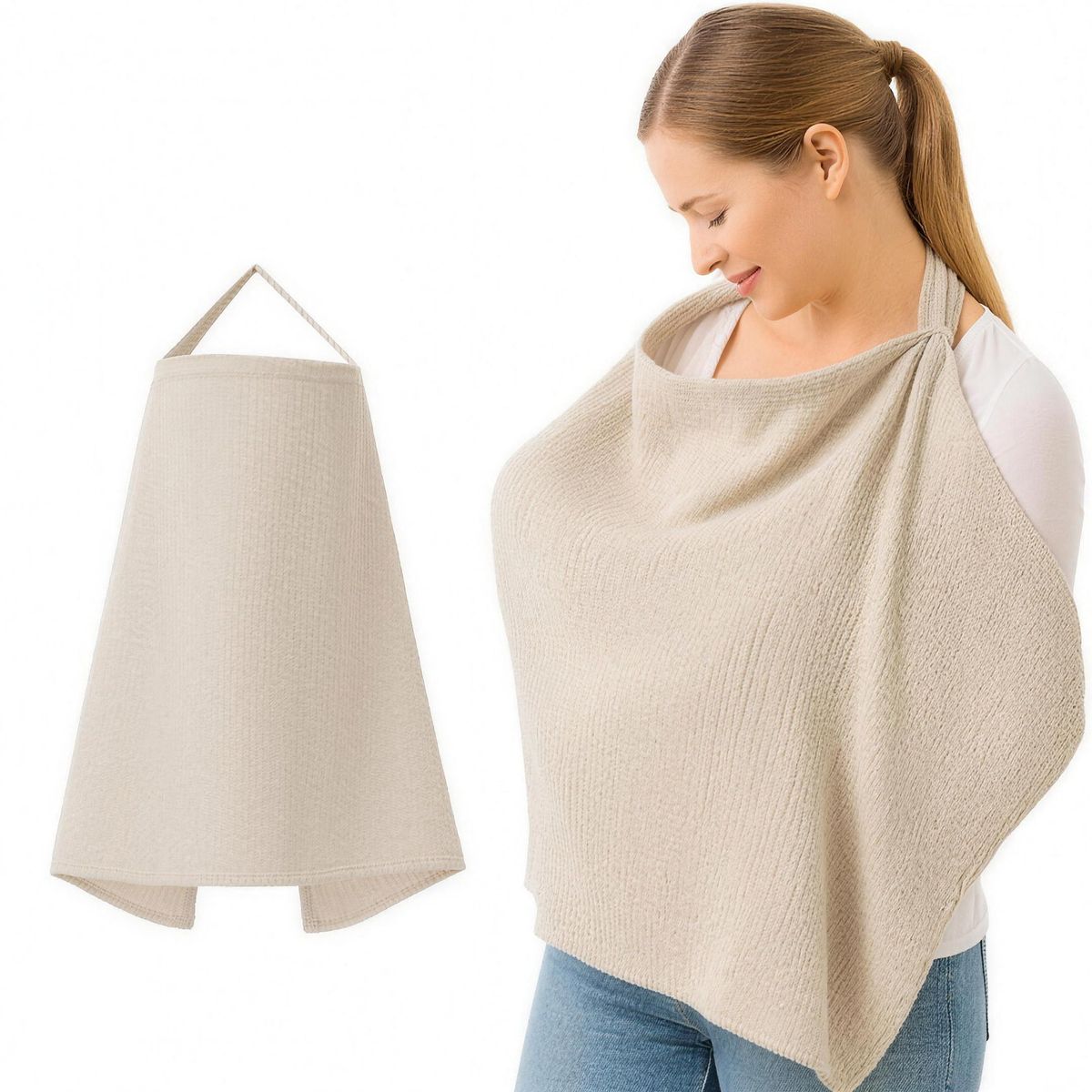 Maman utilisant le voile d'allaitement en coton respirant, coloris beige