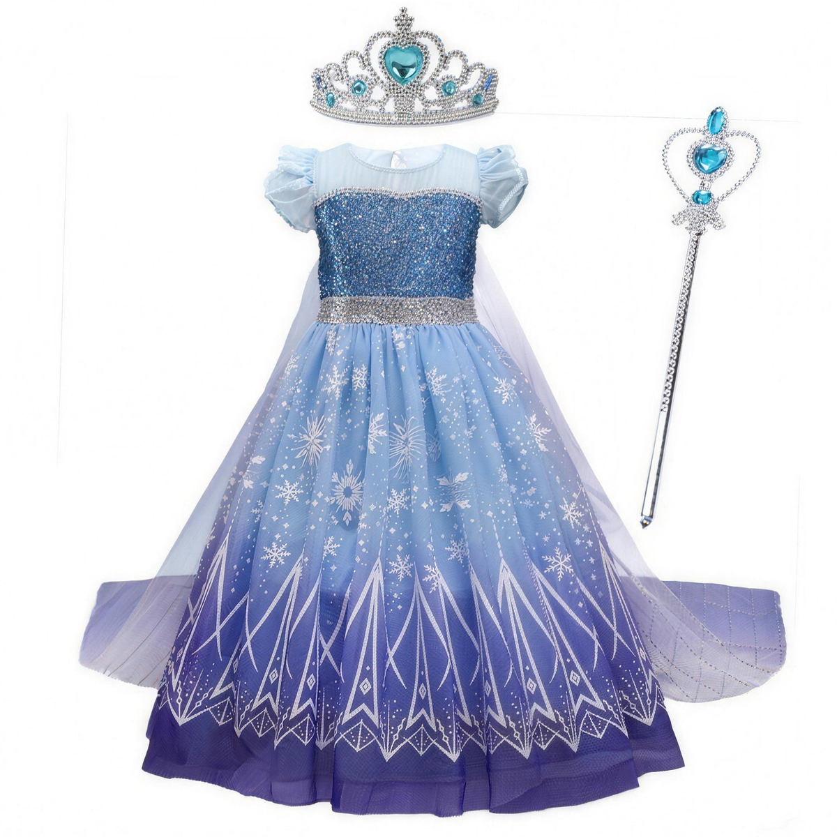 Robe de princesse étincelante bleue avec tiare et baguette pour enfant