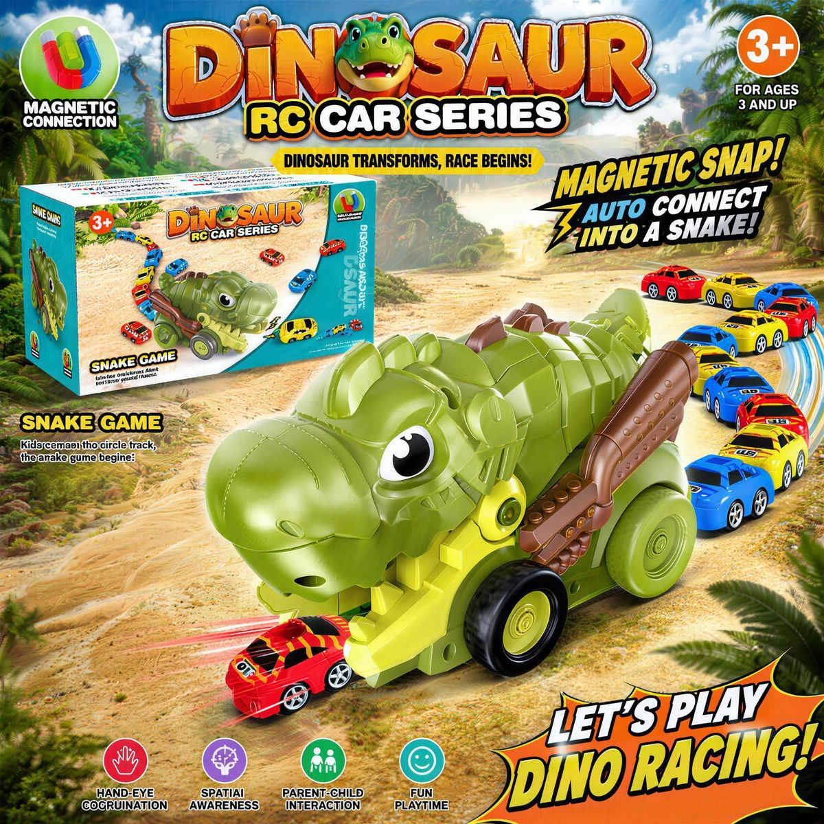 Voiture mangeuse de dinosaure radiocommandée verte avec mini-voitures magnétiques
