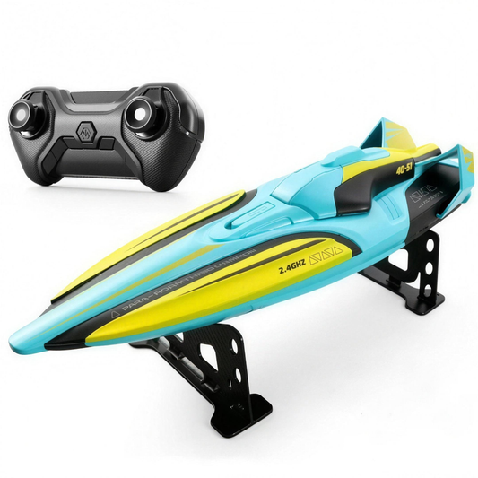 Bateau de course télécommandé turquoise avec télécommande 2,4 GHz, vue en studio