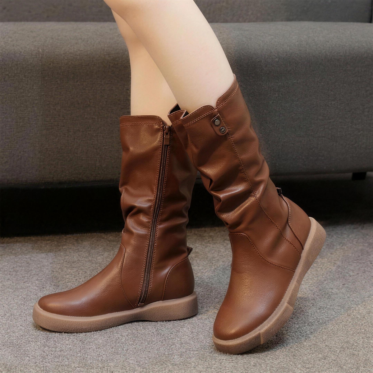 Bottes mi-mollet plissées pour femme, vue de profil