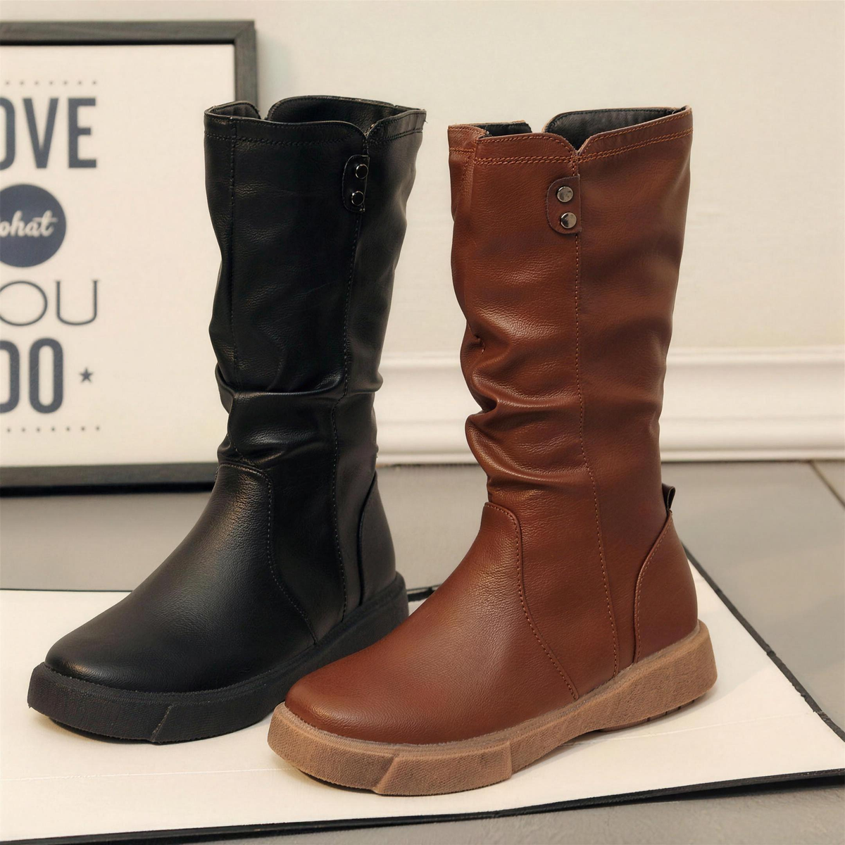 Bottes mi-mollet confort portées avec un jean, vue de trois-quarts