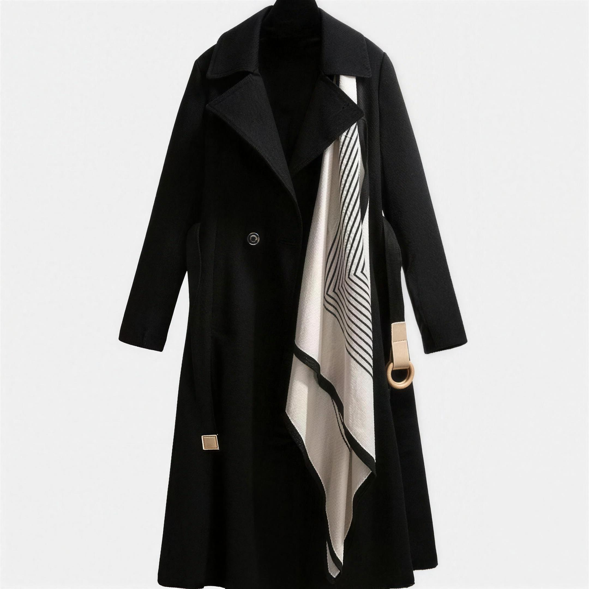 Gros plan sur le col avec détail écharpe et la fermeture du trench-coat