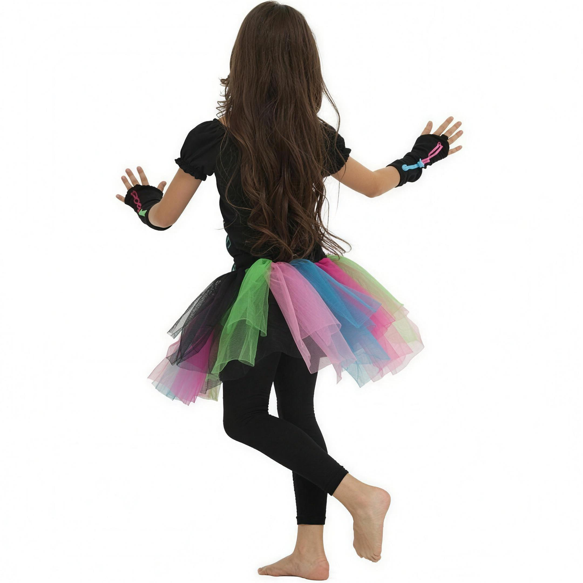 Dos du déguisement tutu squelette arc-en-ciel avec jupon en tulle superposé