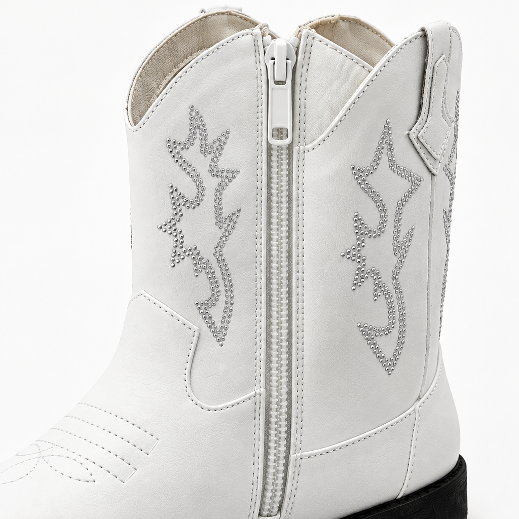 Gros plan sur la fermeture zippée latérale des bottes de cowboy western pour enfant