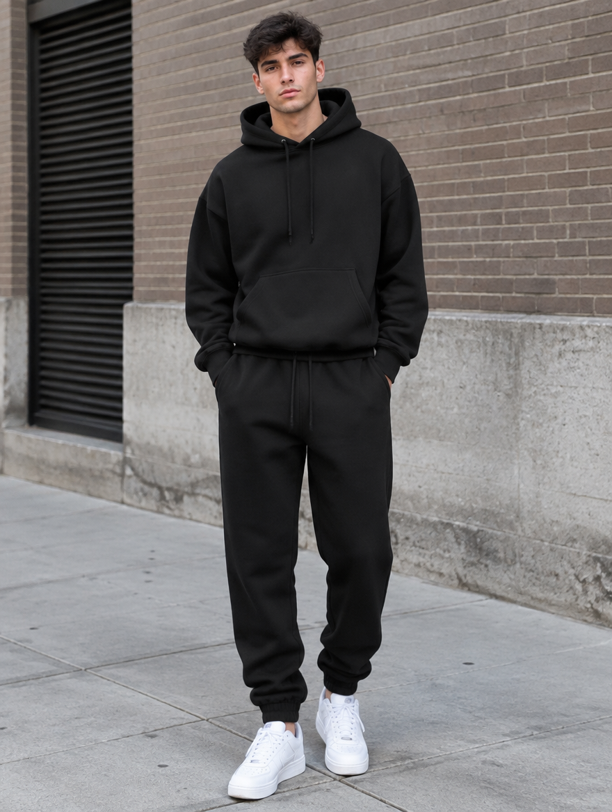 Homme portant l'ensemble jogging oversize noir en extérieur, look streetwear urbain