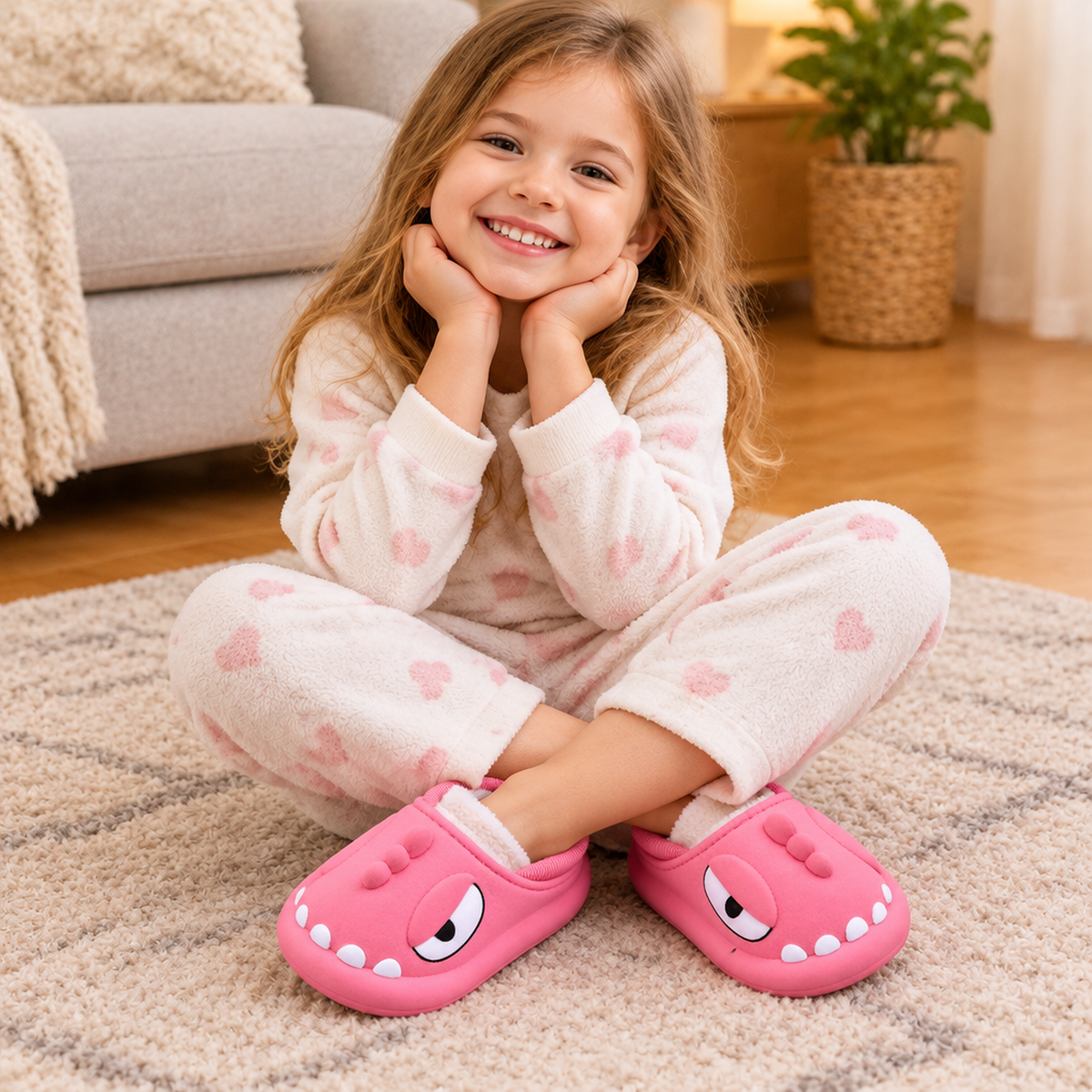 Enfant portant les chaussons dinosaure roses à l'intérieur, salon cosy