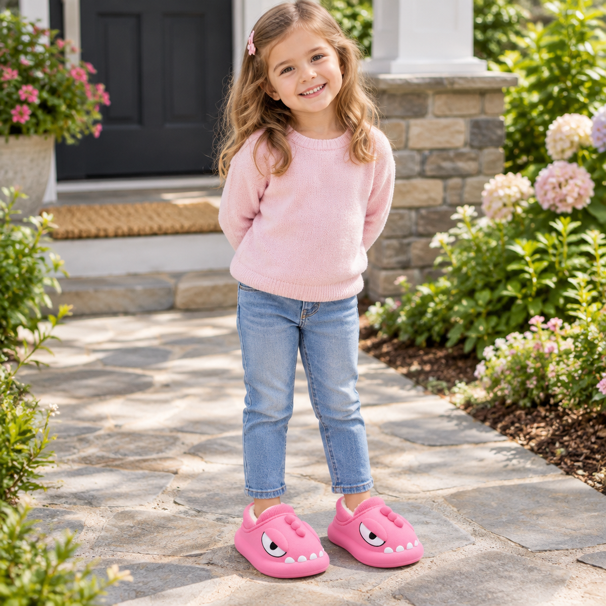 Enfant portant les chaussons dinosaure roses à l'extérieur, allée en pierre