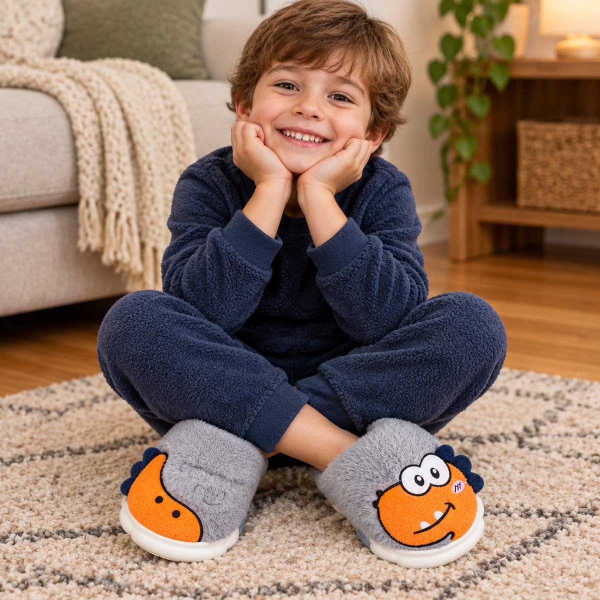 Enfant portant les chaussons monstre marron à l'intérieur, salon