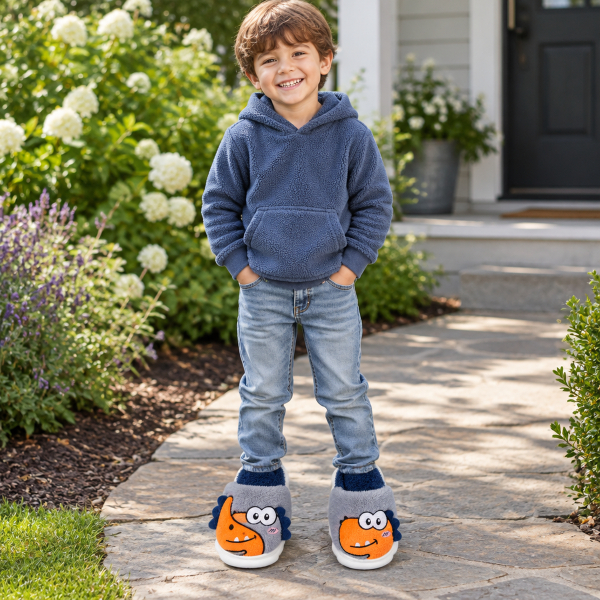Enfant portant les chaussons monstre marron à l'extérieur, allée du jardin