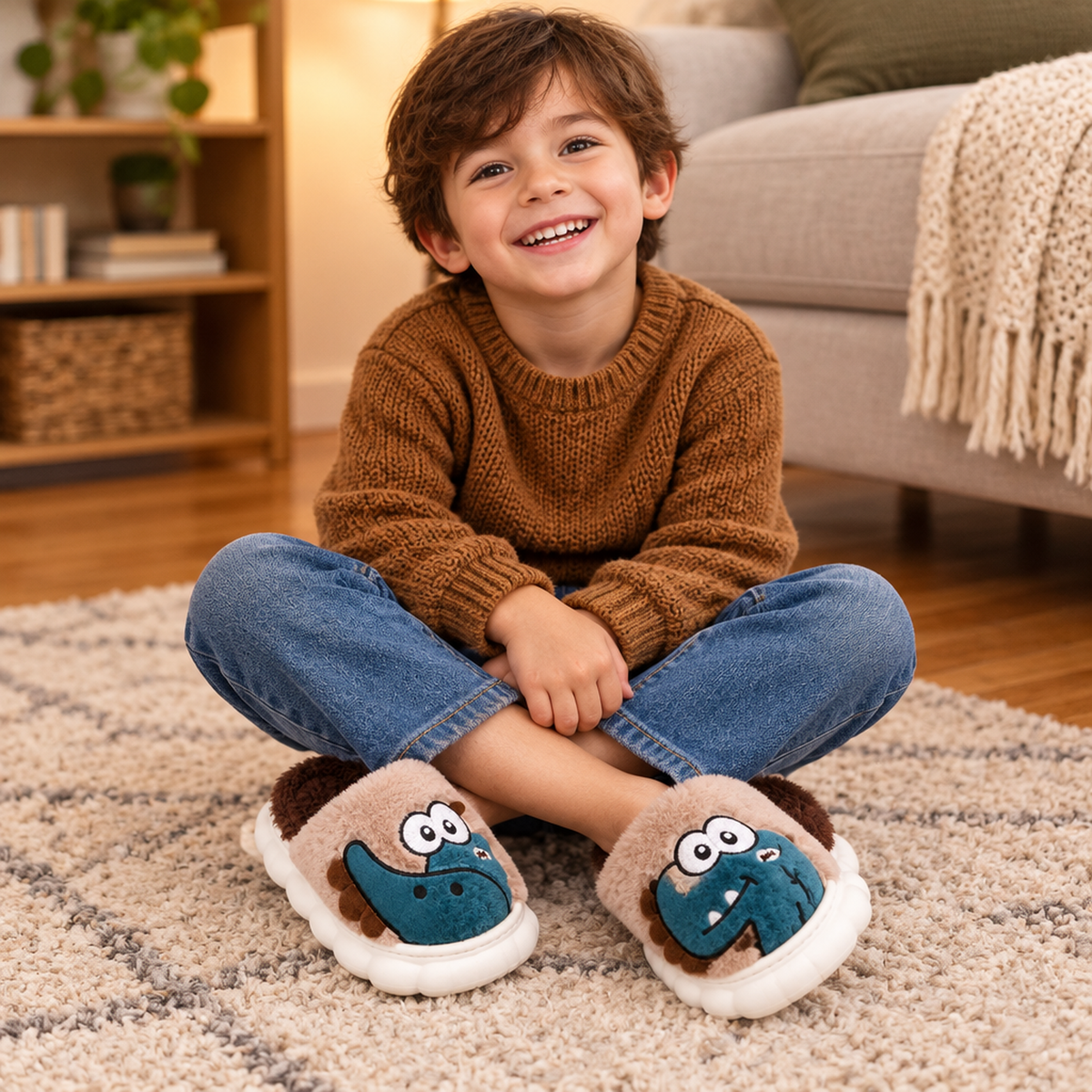 Enfant portant les chaussons monstre gris à l'intérieur, tapis de salon
