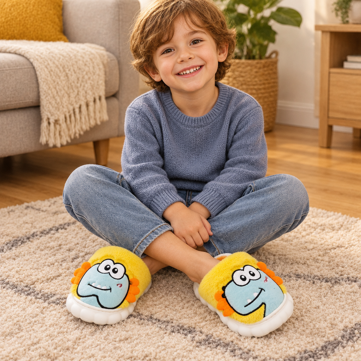Enfant portant les chaussons monstre jaune à l'intérieur, salon