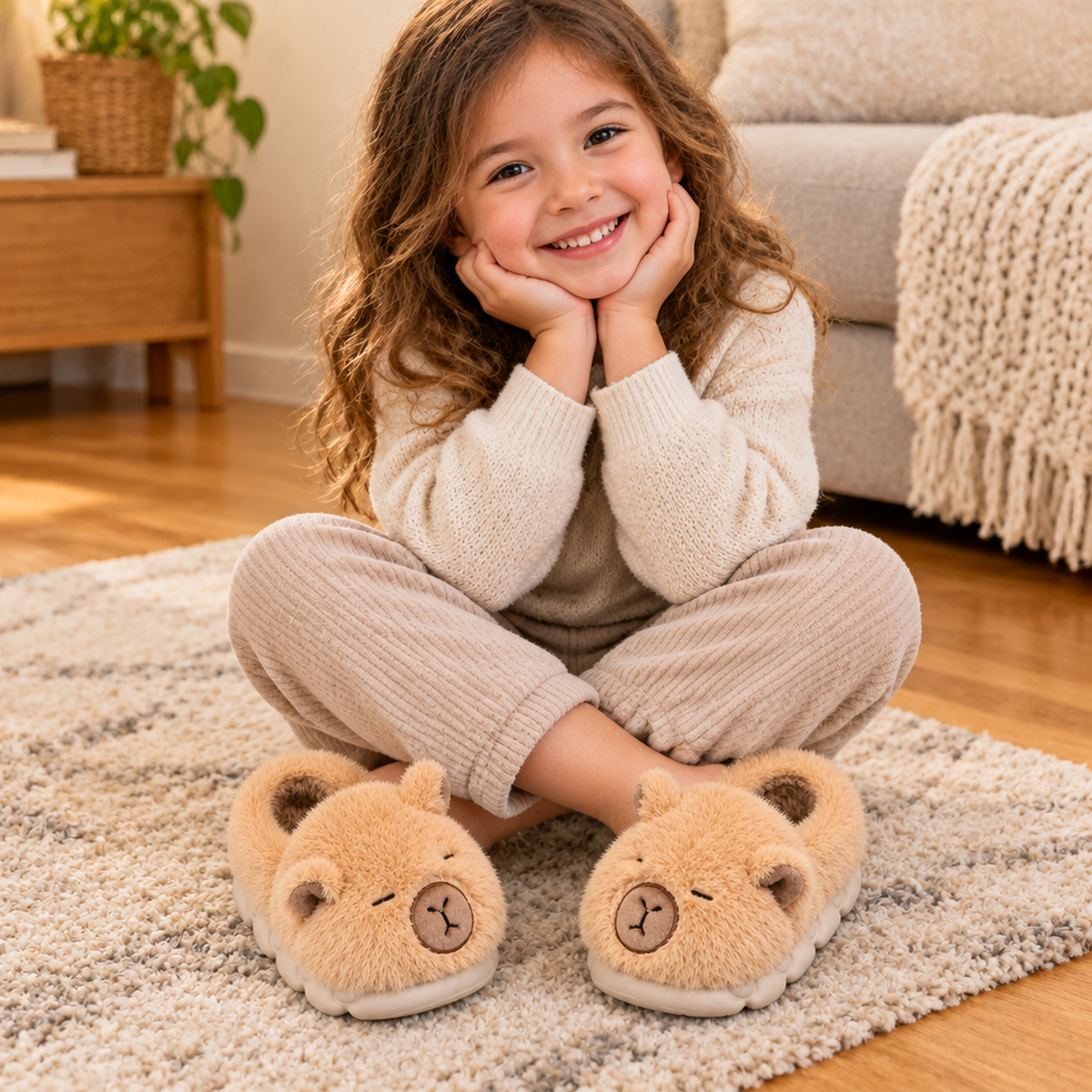 Enfant portant les chaussons capybara marron clair à l'intérieur, salon