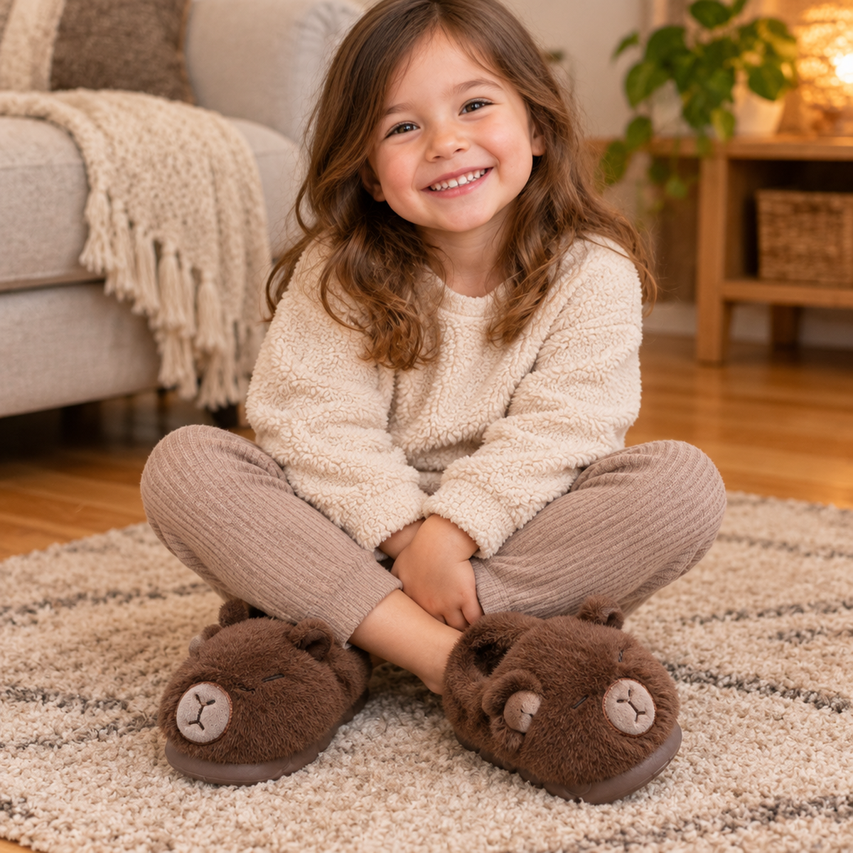 Enfant portant les chaussons capybara marron foncé à l'intérieur, tapis de salon