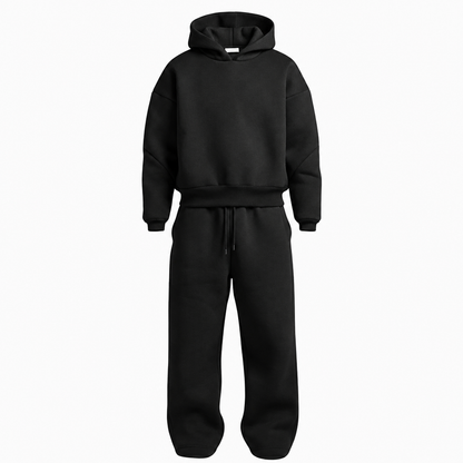 Survêtement homme oversize noir en molleton, sweat à capuche et jogging jambe large, vue de face