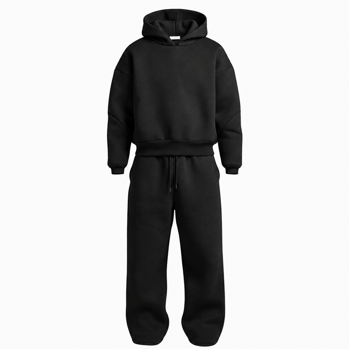 Ensemble jogging oversize homme noir, sweat à capuche et pantalon en coton, vue de face
