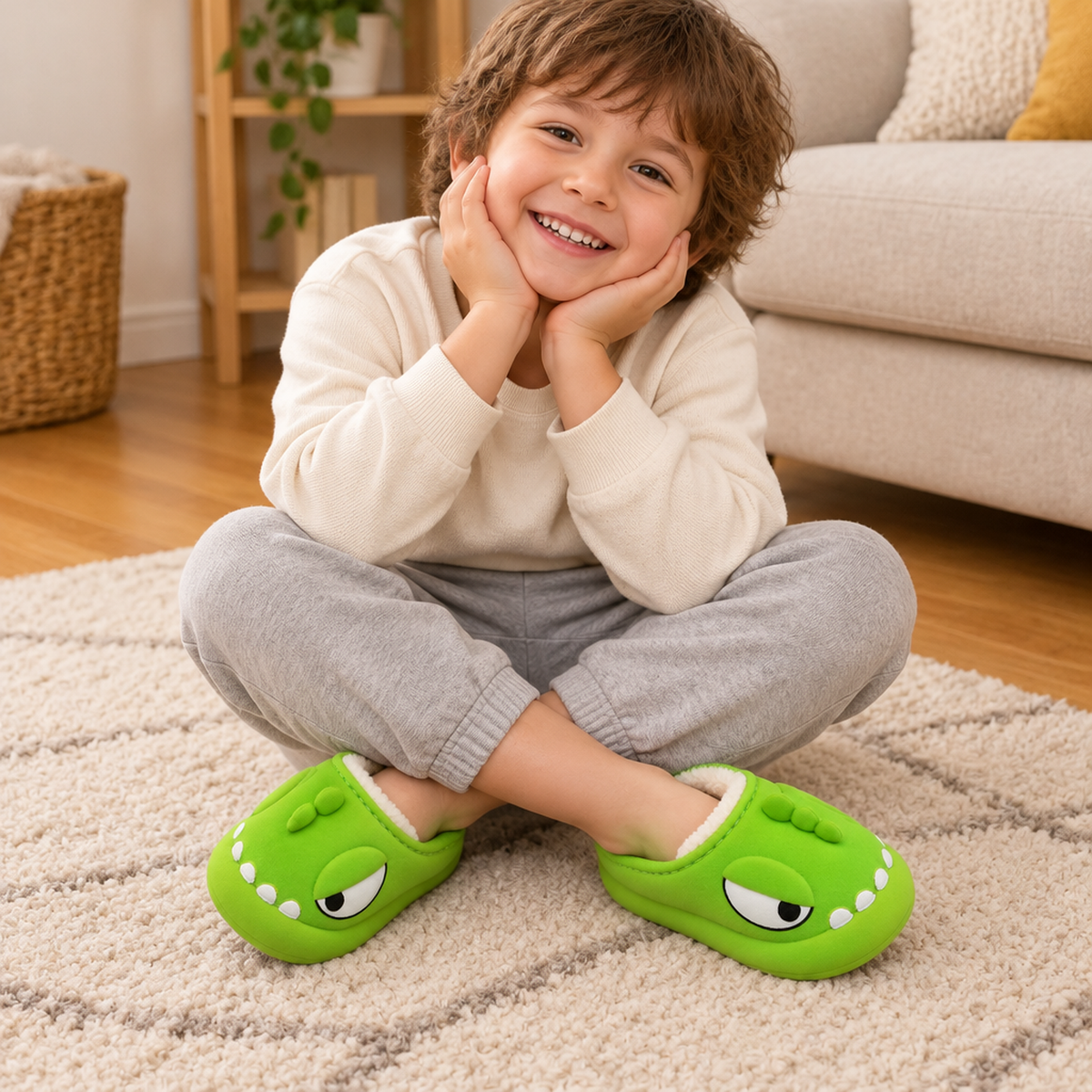 Enfant portant les chaussons dinosaure vert clair à l'intérieur, tapis de salon