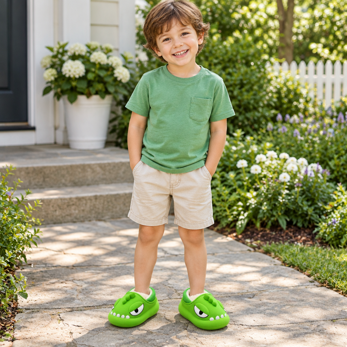 Enfant portant les chaussons dinosaure vert clair à l'extérieur, allée du jardin