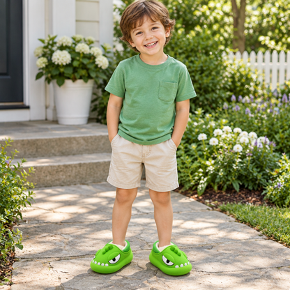 Enfant portant les chaussons dinosaure vert clair à l'extérieur, allée du jardin