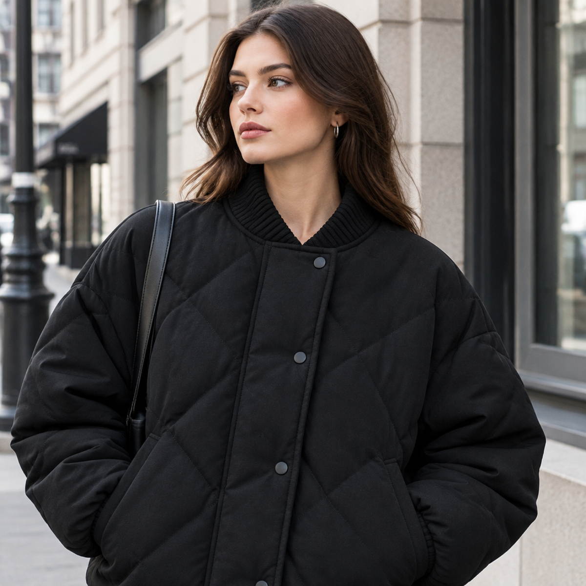 Veste matelassée oversize femme portée en ville, look urbain