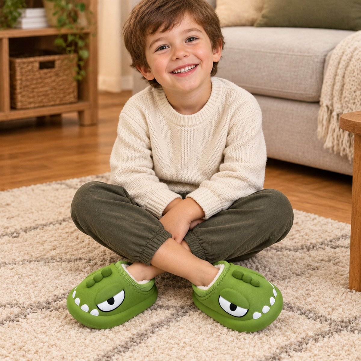 Enfant portant les chaussons dinosaure vert foncé à l'intérieur, salon