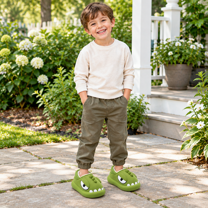 Enfant portant les chaussons dinosaure vert foncé à l'extérieur, allée du jardin
