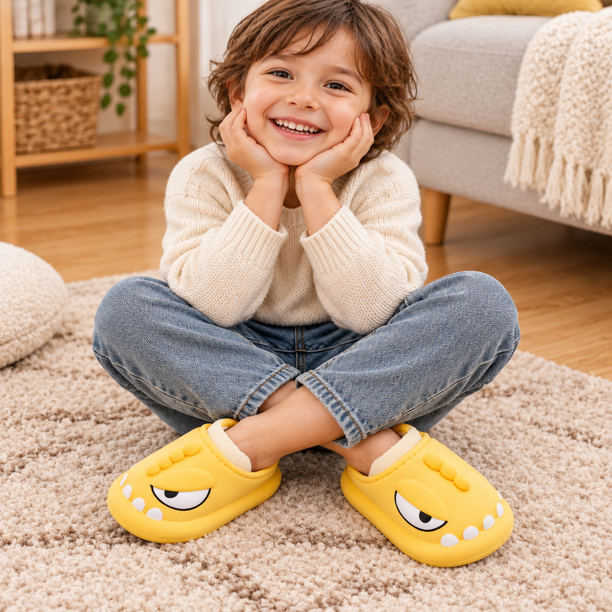 Enfant portant les chaussons dinosaure jaune à l'intérieur, salon