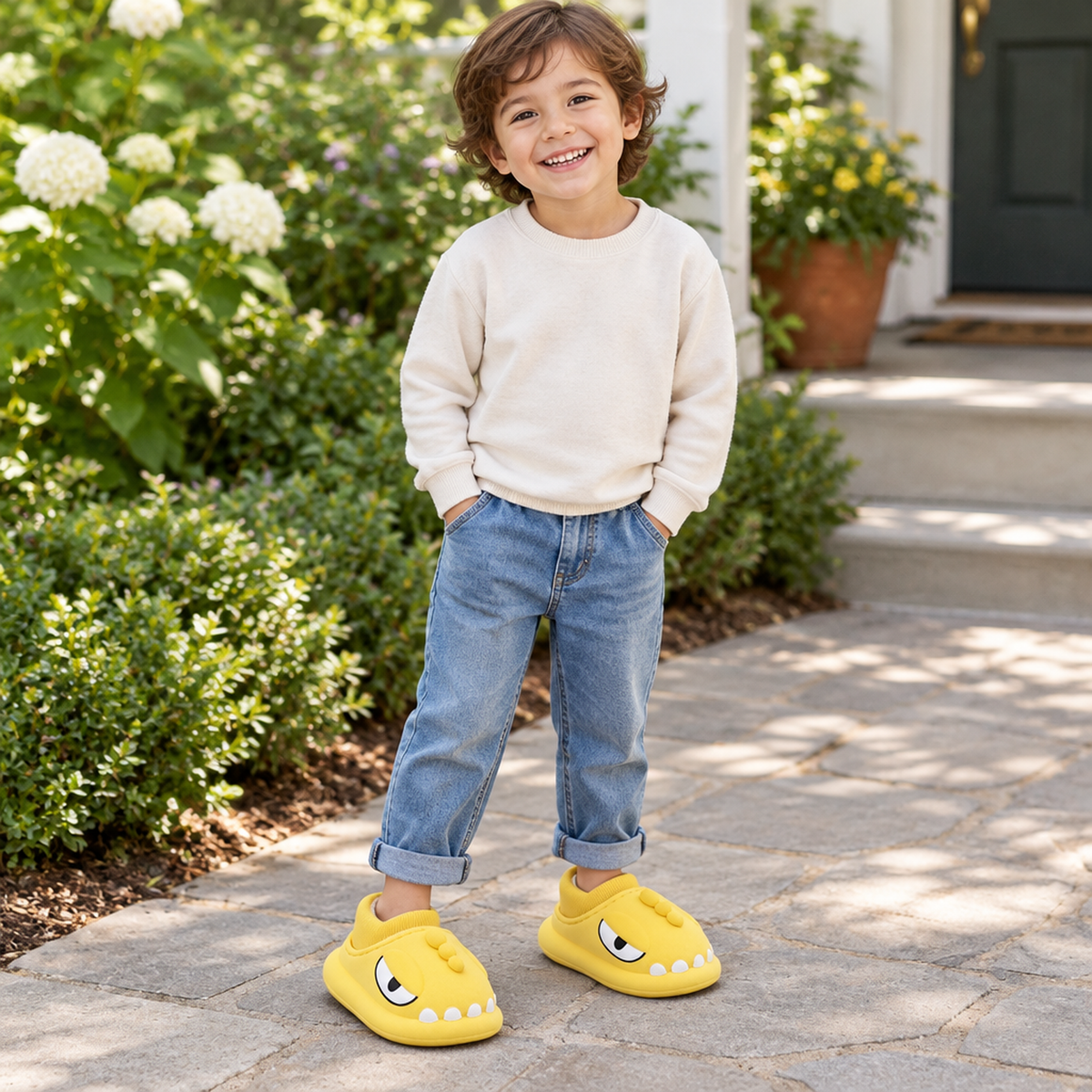 Enfant portant les chaussons dinosaure jaune à l'extérieur, devant la maison