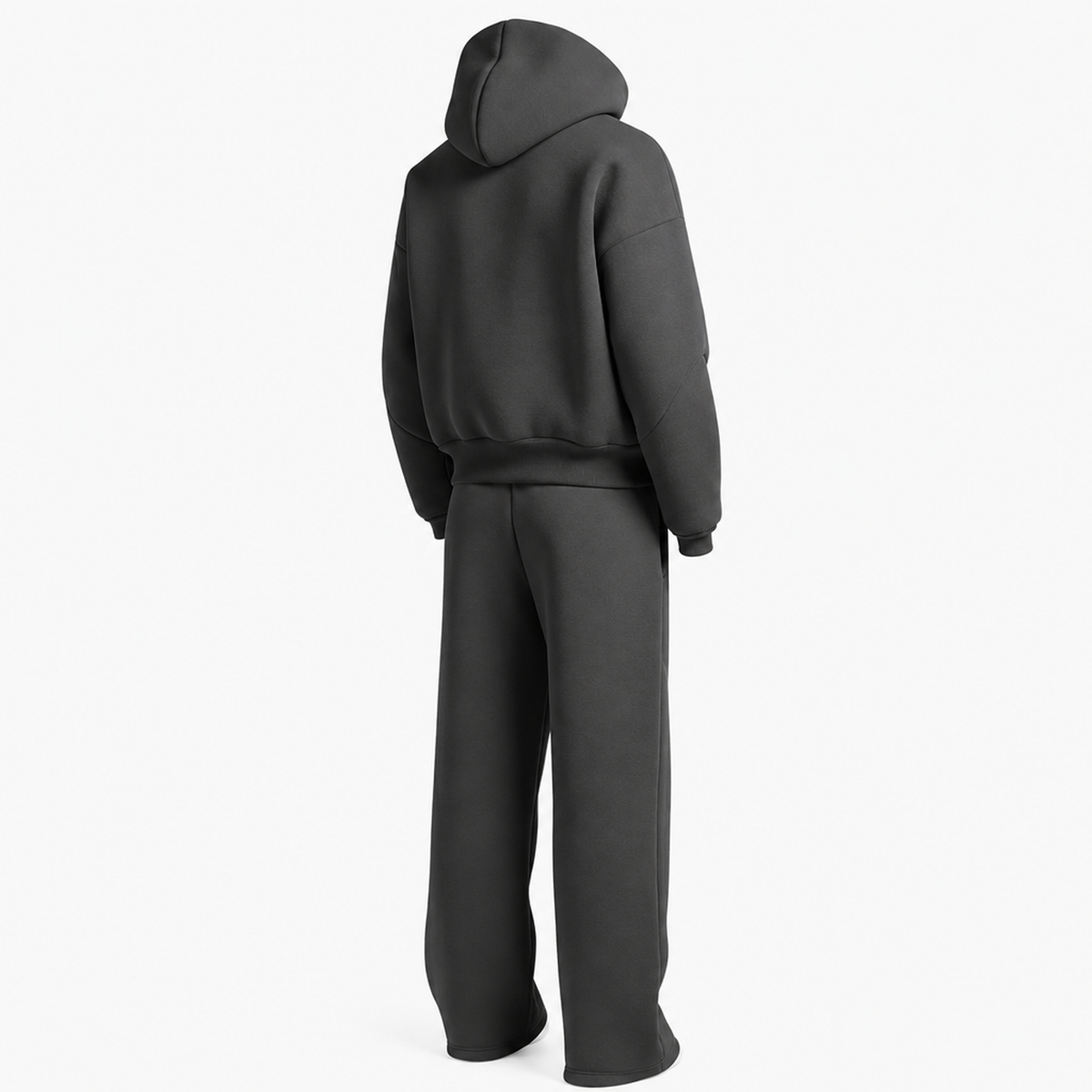 Survêtement homme oversize anthracite vu de dos, capuche et épaules tombantes