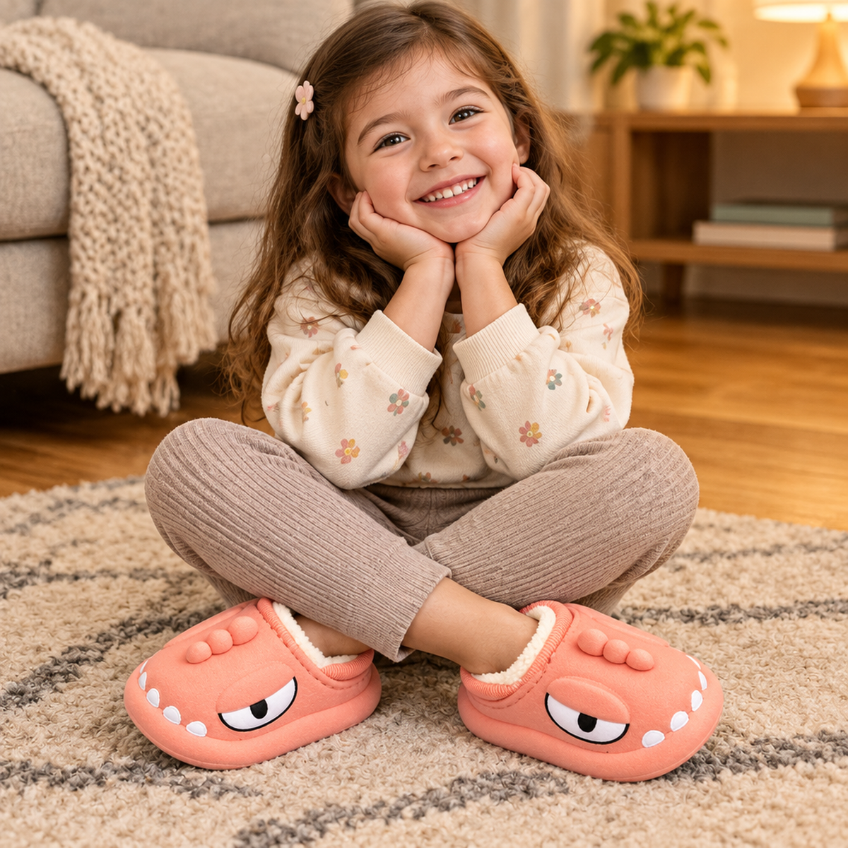Enfant portant les chaussons dinosaure pêche à l'intérieur, salon