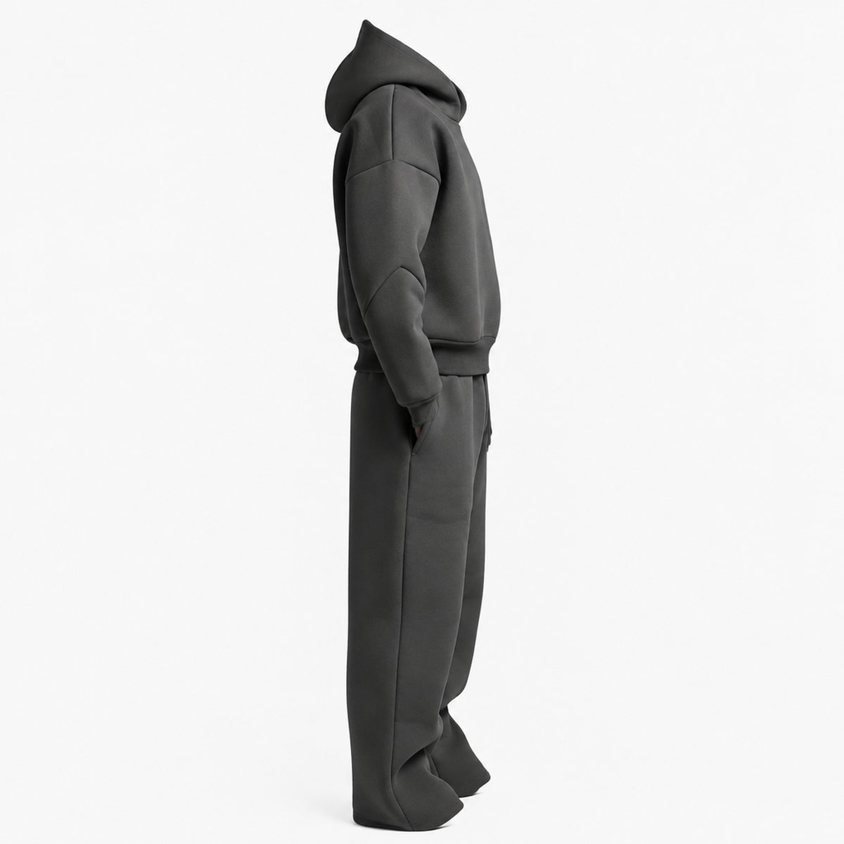 Survêtement homme oversize anthracite de profil, capuche et jogging jambe large