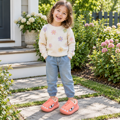 Enfant portant les chaussons dinosaure pêche à l'extérieur, allée fleurie du jardin