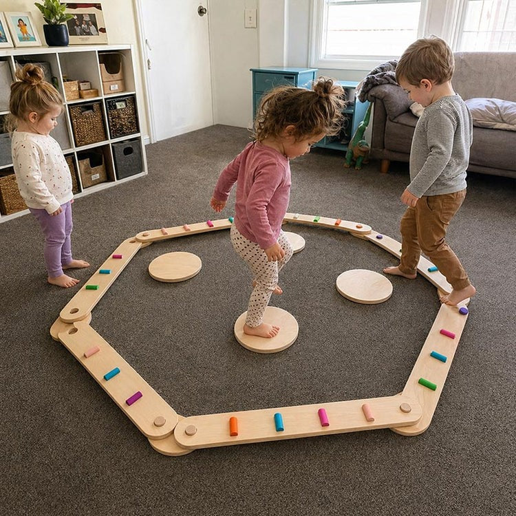 Set de poutres et pierres Montessori installé dans une salle de jeux