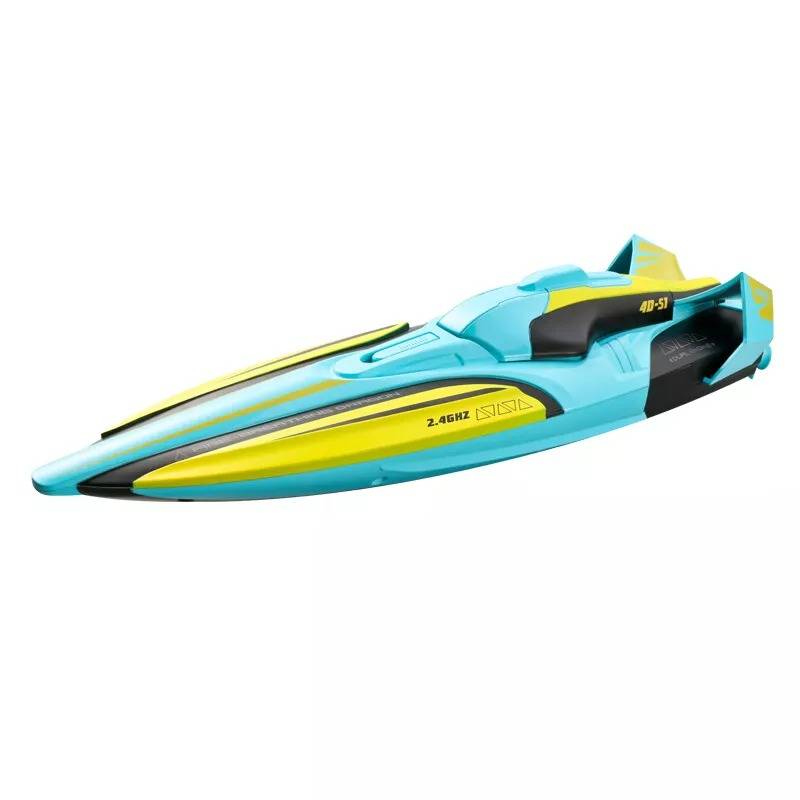 Bateau RC turquoise, vue de profil sur fond blanc