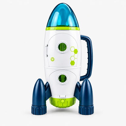 Jouet fusée spatiale enfant avec propulseurs détachables, sur fond blanc