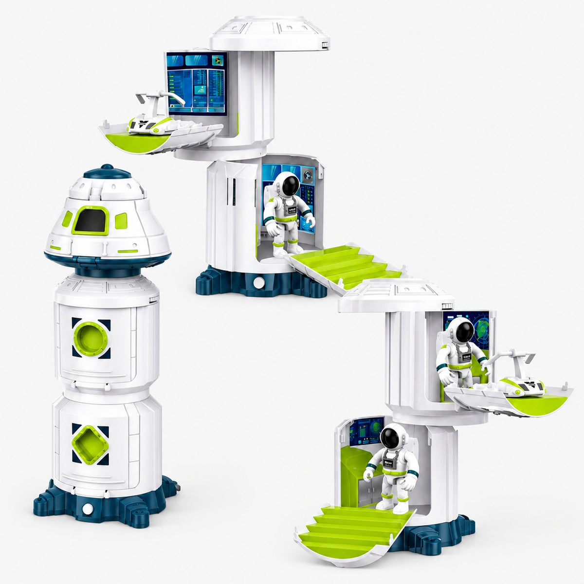 Modules de station spatiale jouet à assembler, sur fond blanc