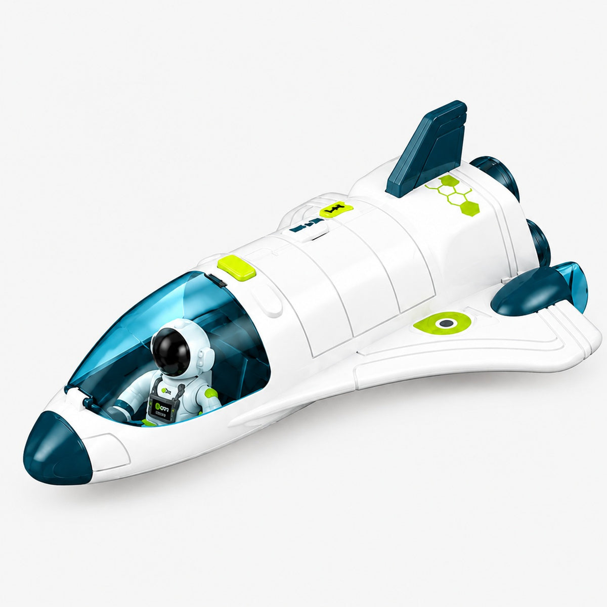 Jouet navette spatiale avec figurine astronaute, sur fond blanc