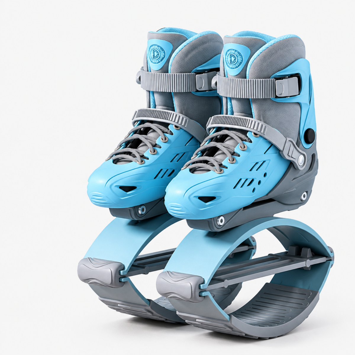 Chaussures kangourou bounce bleues, vue de côté avec sangles et roulettes
