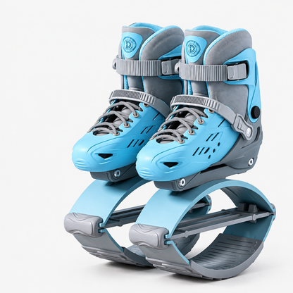 Chaussures kangourou bounce bleues, vue de côté avec sangles et roulettes