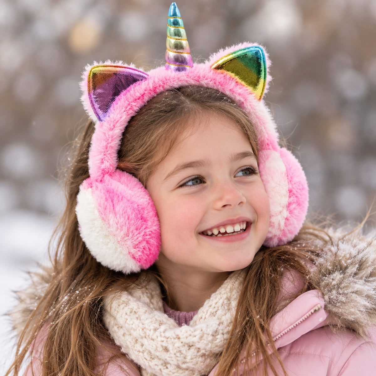 Enfant portant des cache-oreilles en peluche licorne tie-dye rose en extérieur en hiver