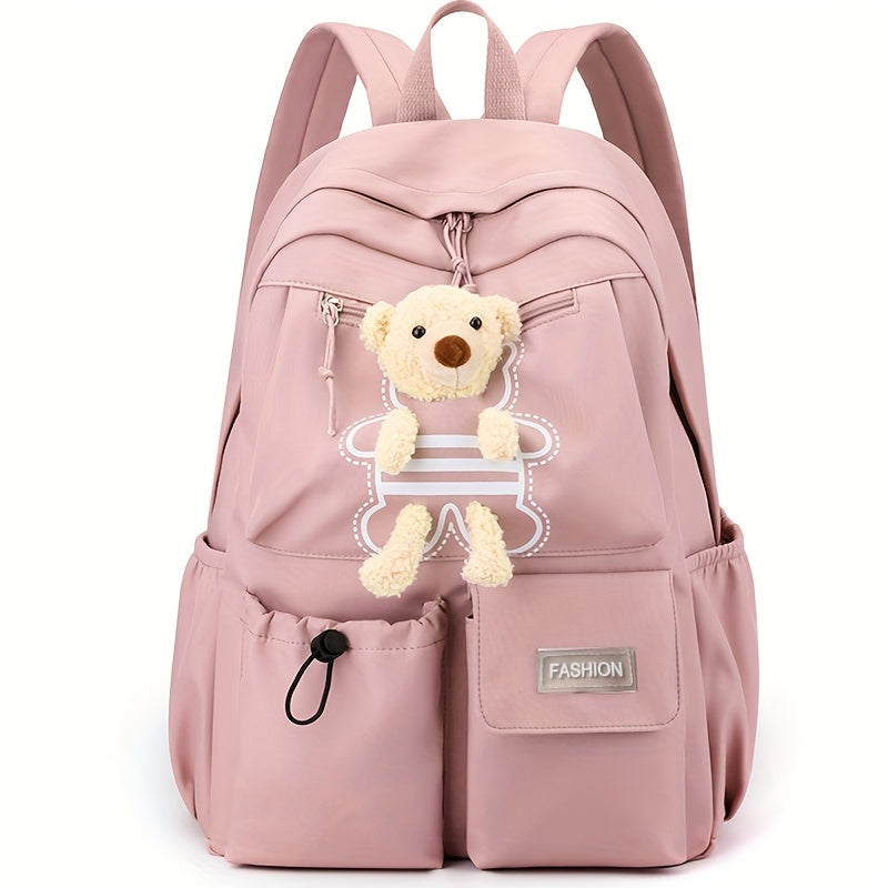 Sac à dos scolaire enfant rose avec porte-clés ourson en peluche
