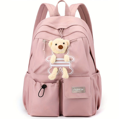 Sac à dos scolaire enfant rose avec porte-clés ourson en peluche
