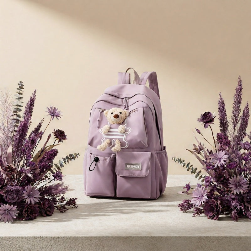 Sac à dos scolaire enfant lilas avec porte-clés ourson en peluche
