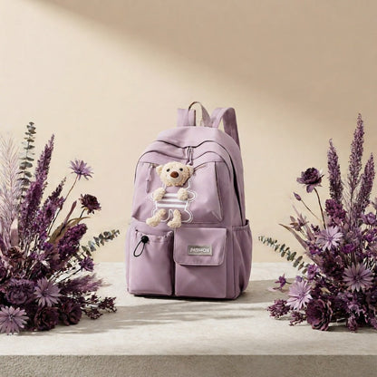 Sac à dos scolaire enfant lilas avec porte-clés ourson en peluche