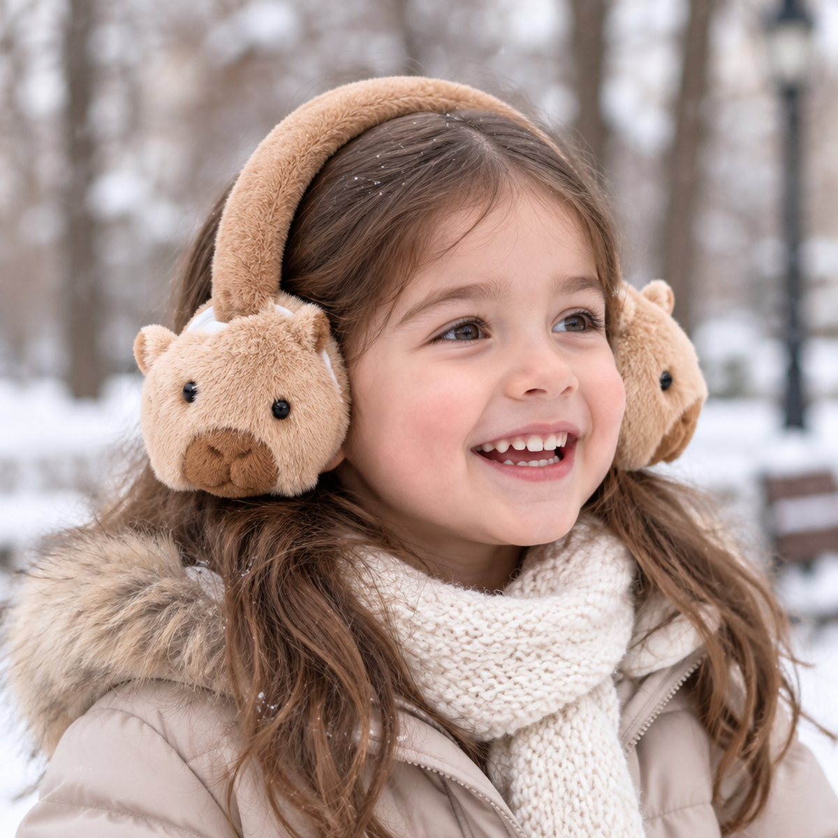 Jeune enfant portant des cache-oreilles en peluche capybara marron clair en extérieur en hiver