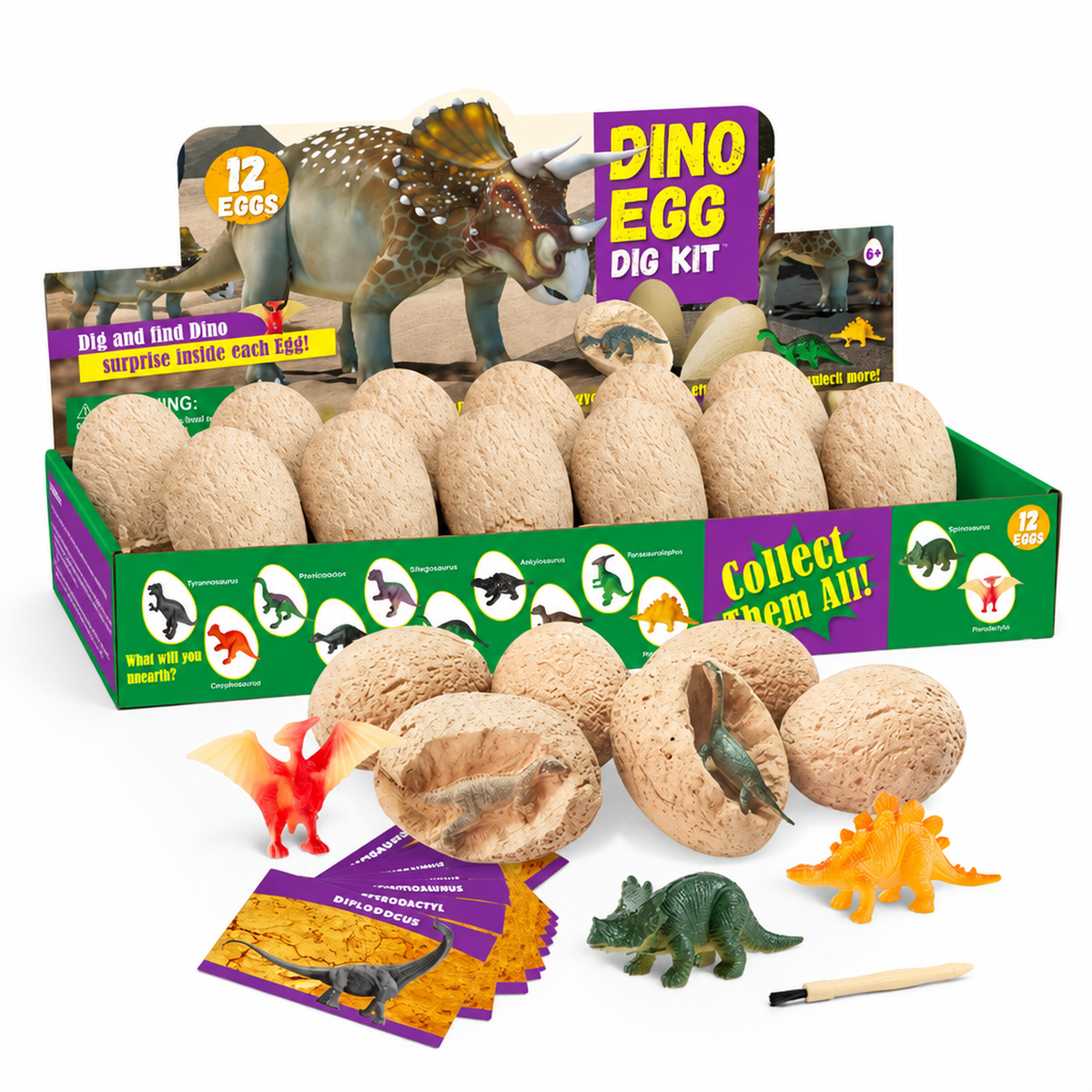 Kit de fouille dinosaure avec 12 œufs surprise et outils d'excavation