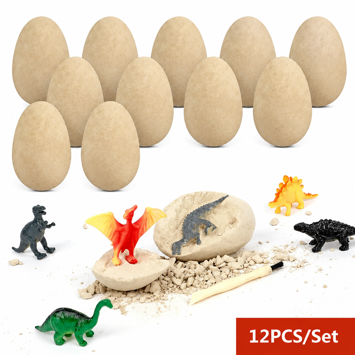Contenu du kit de fouille dinosaure : outils, pinceau et œufs à déterrer