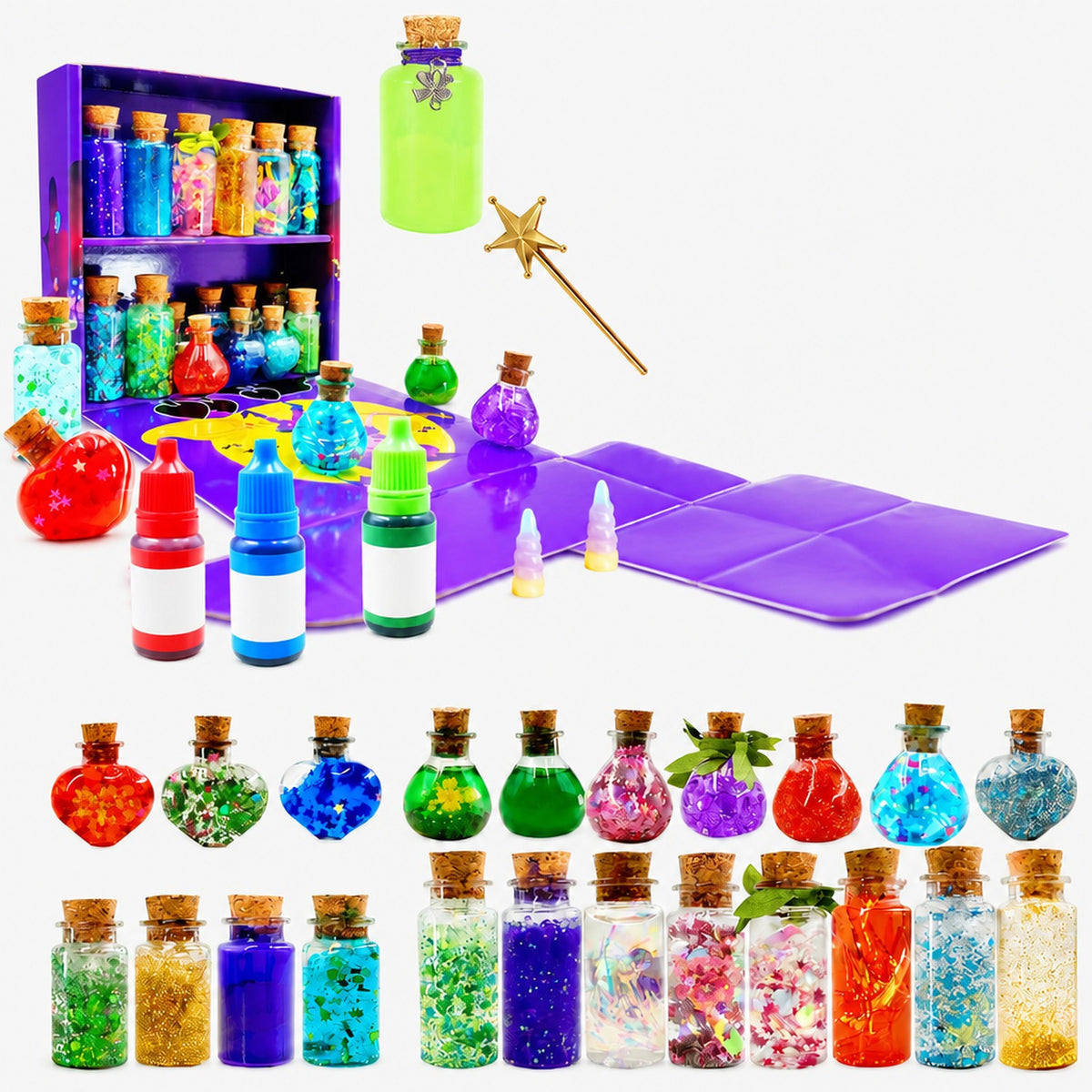 Kit potions magiques enfant Fée Violette, 22 flacons à remplir et paillettes