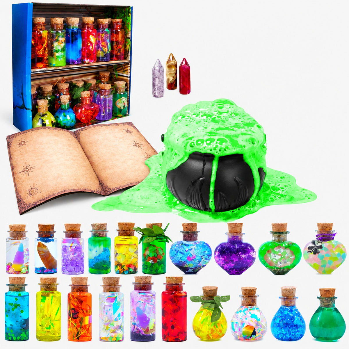 Kit potions magiques enfant Sorcière et Chaudron, 20 flacons transparents à remplir
